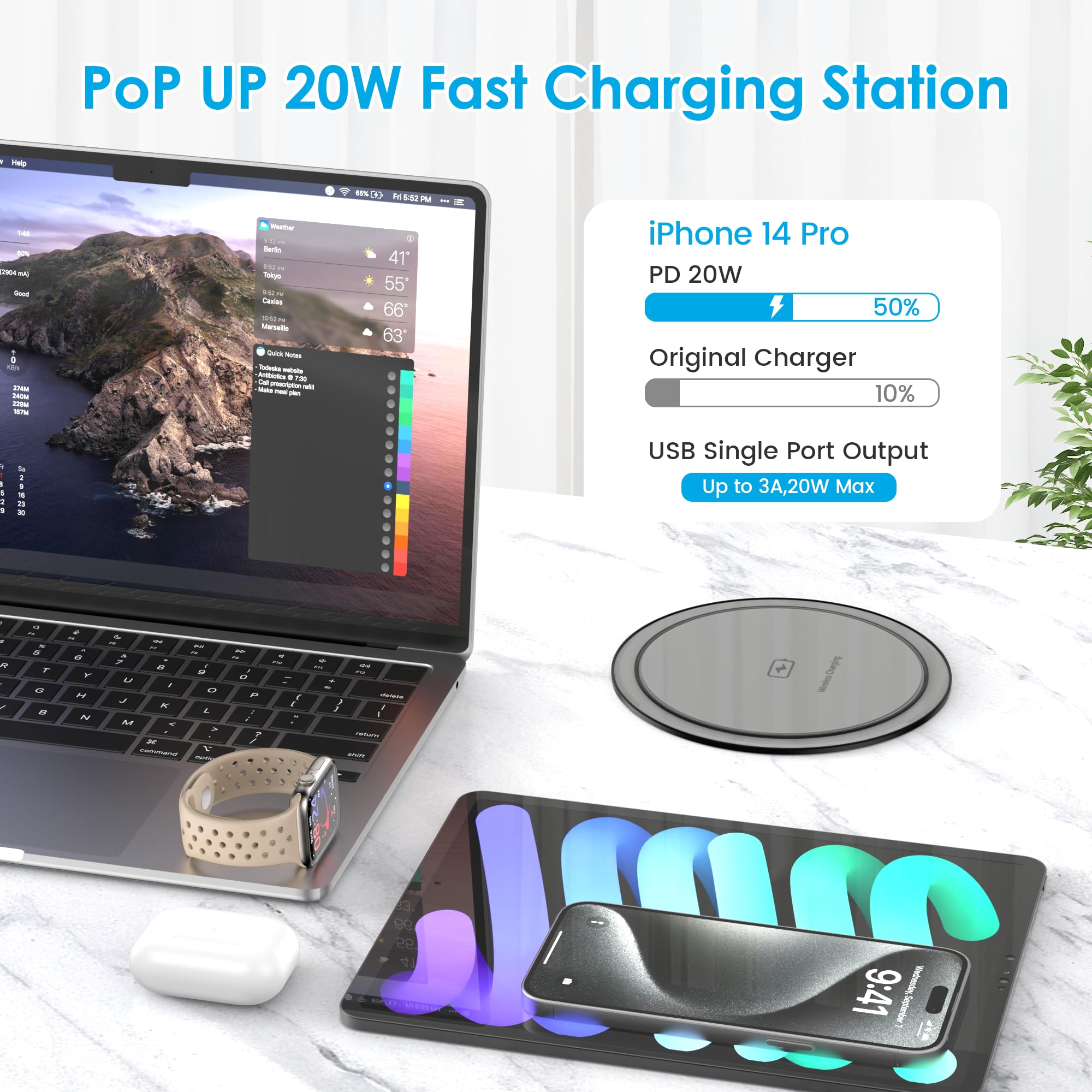 Vilong Pop Up Outlet USB PD ports enabling fast charging of laptops and phones.