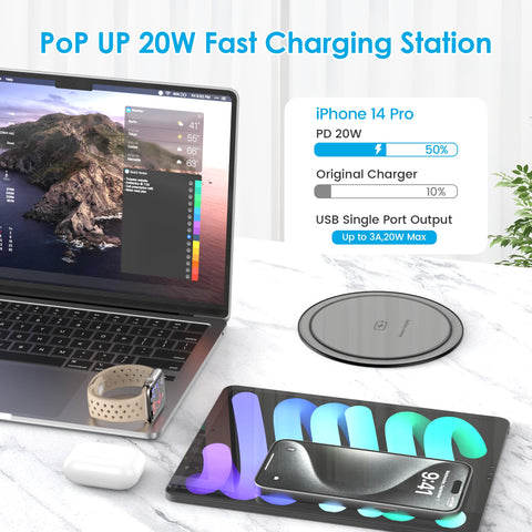 Vilong Pop Up Outlet USB PD ports enabling fast charging of laptops and phones.