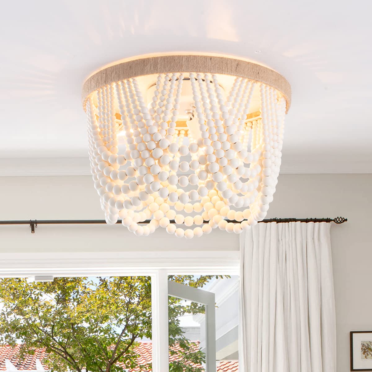 VILUXY Bohemia wood beads illuminate a calm bedroom with soft glow