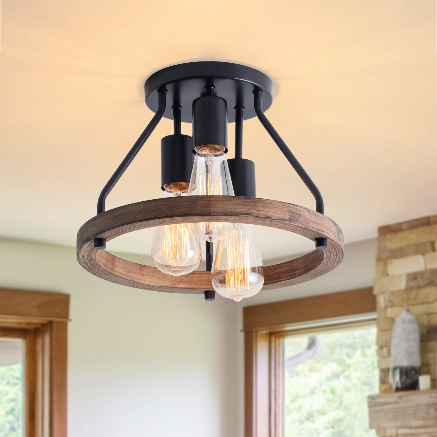 Viluxy industrial flush mount with wood circle shade for hallway ambience