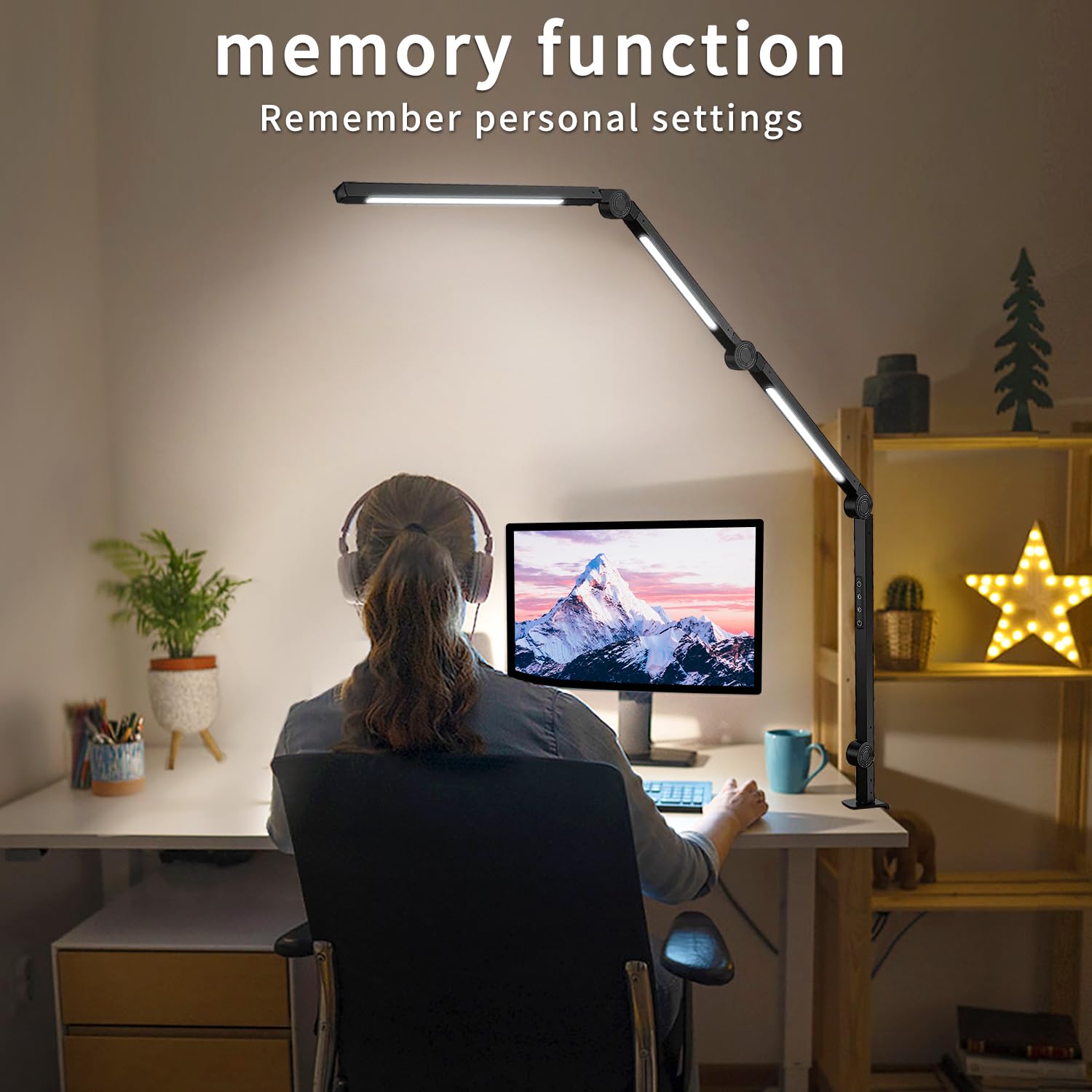 Vimeepro LED desk lamp with adjustable swing arm for precise desk illumination.