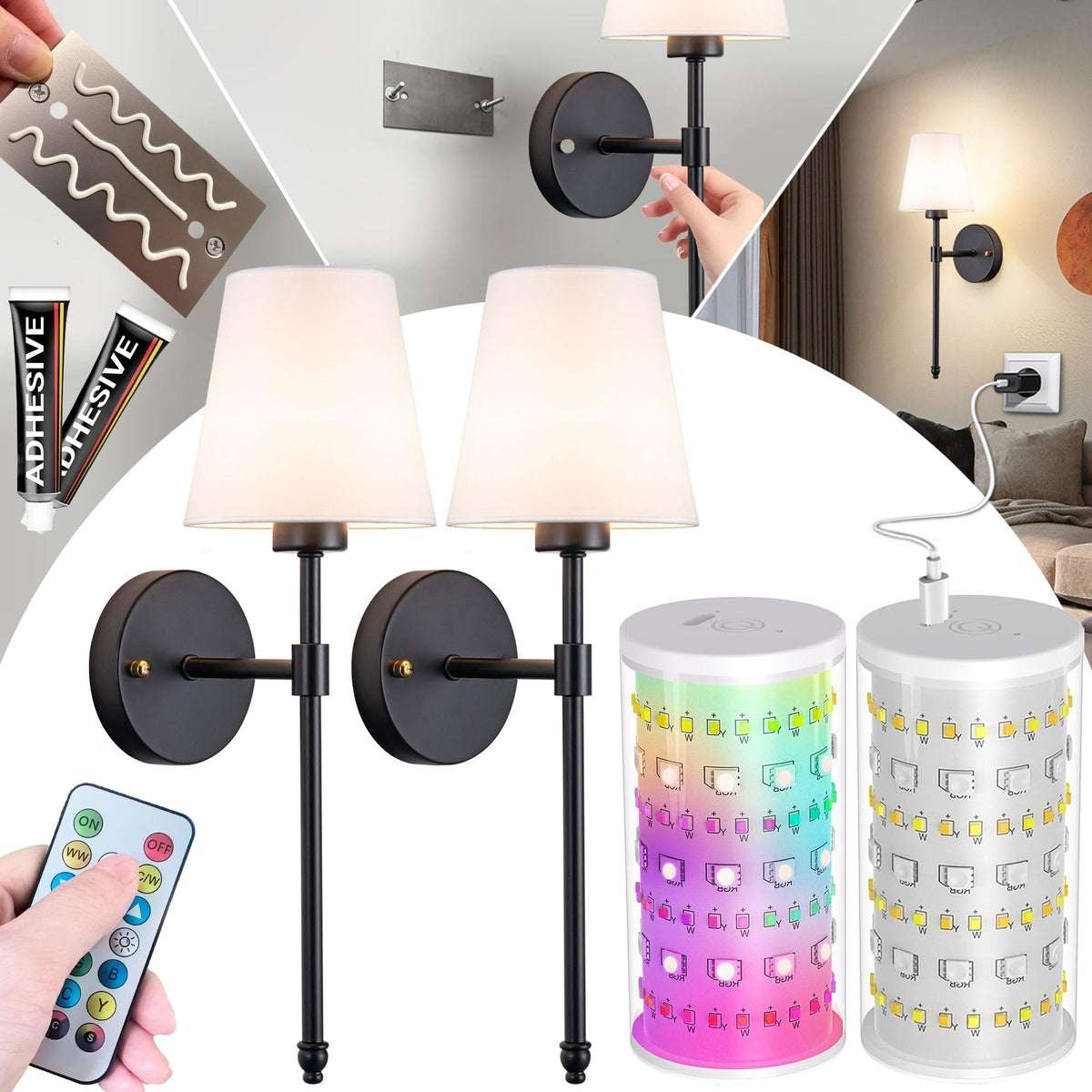 Vimhou stick-on wall sconce pair illuminates a wall with adhesive mounting for renters