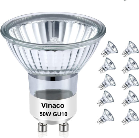 Vinaco 10-pack GU10 bulbs closeup, showing durable tungsten filaments for candle warmer use