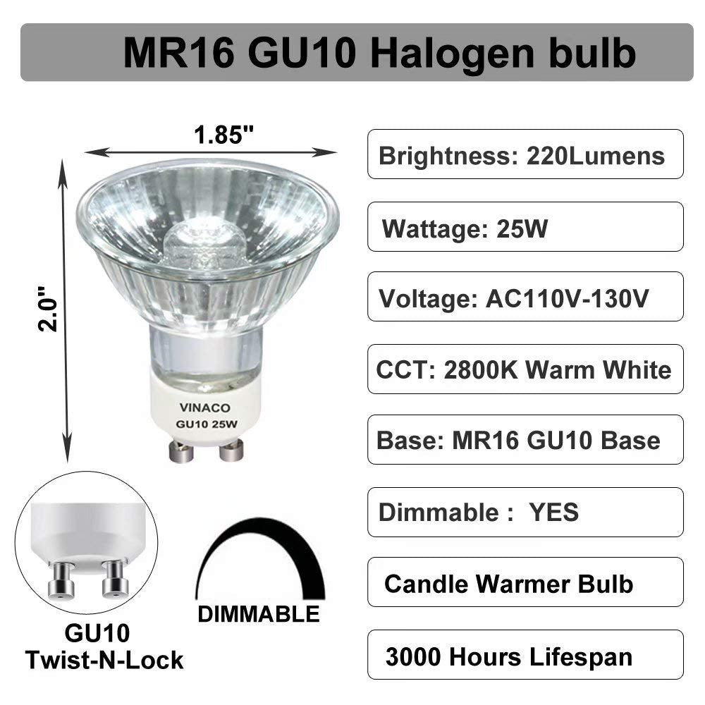 Vinaco GU10 120V 25W bulb glass body close-up, sturdy construction