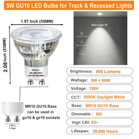 Vinaco GU10 LED bulbs close-up showing 450 lumens