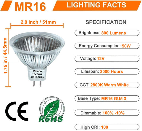 Vinaco MR16 with GU5.3 base fits securely in compatible fixtures.