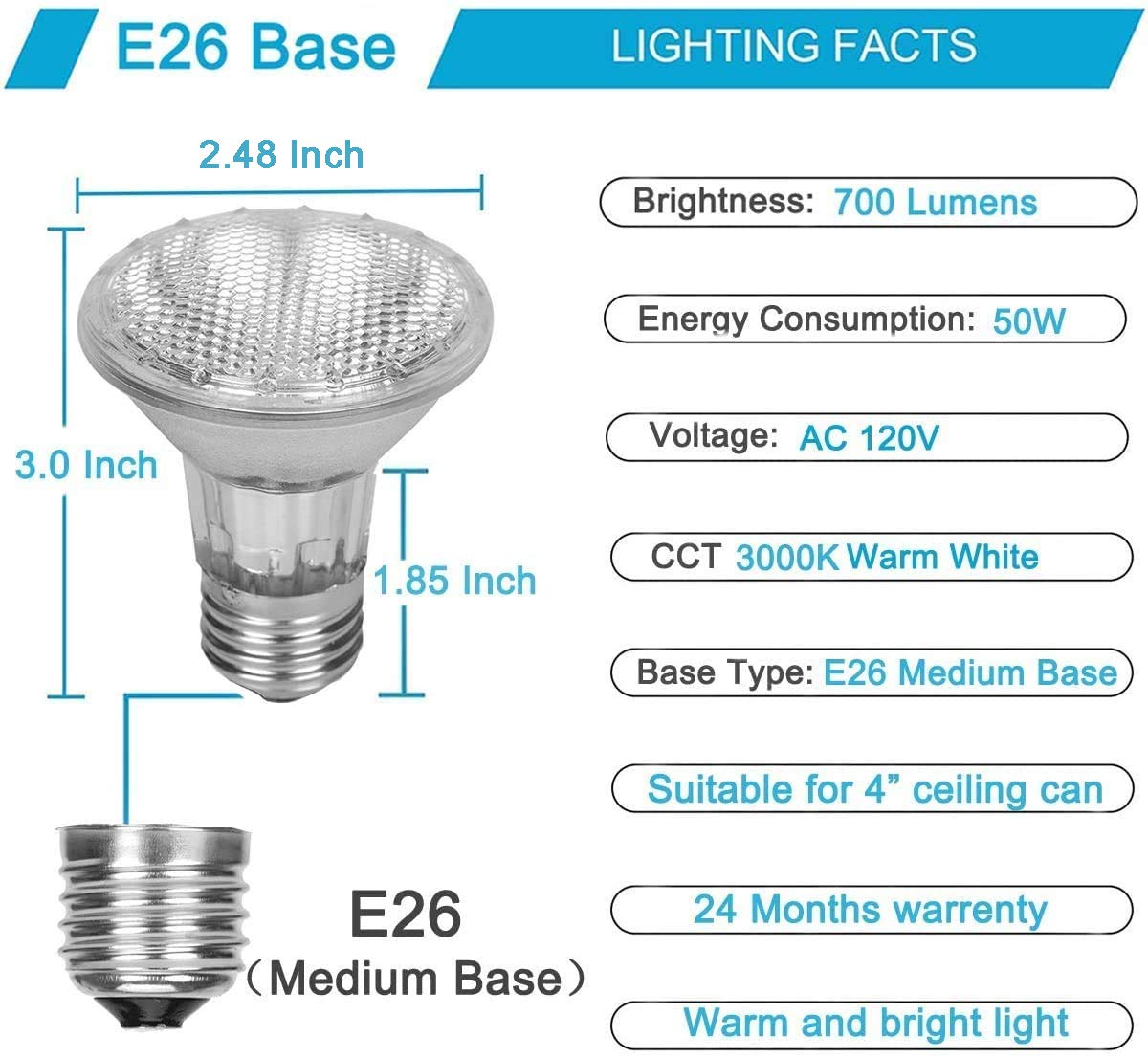Vinaco Par20 bulbs 6-pack warm 3000K glow for kitchen