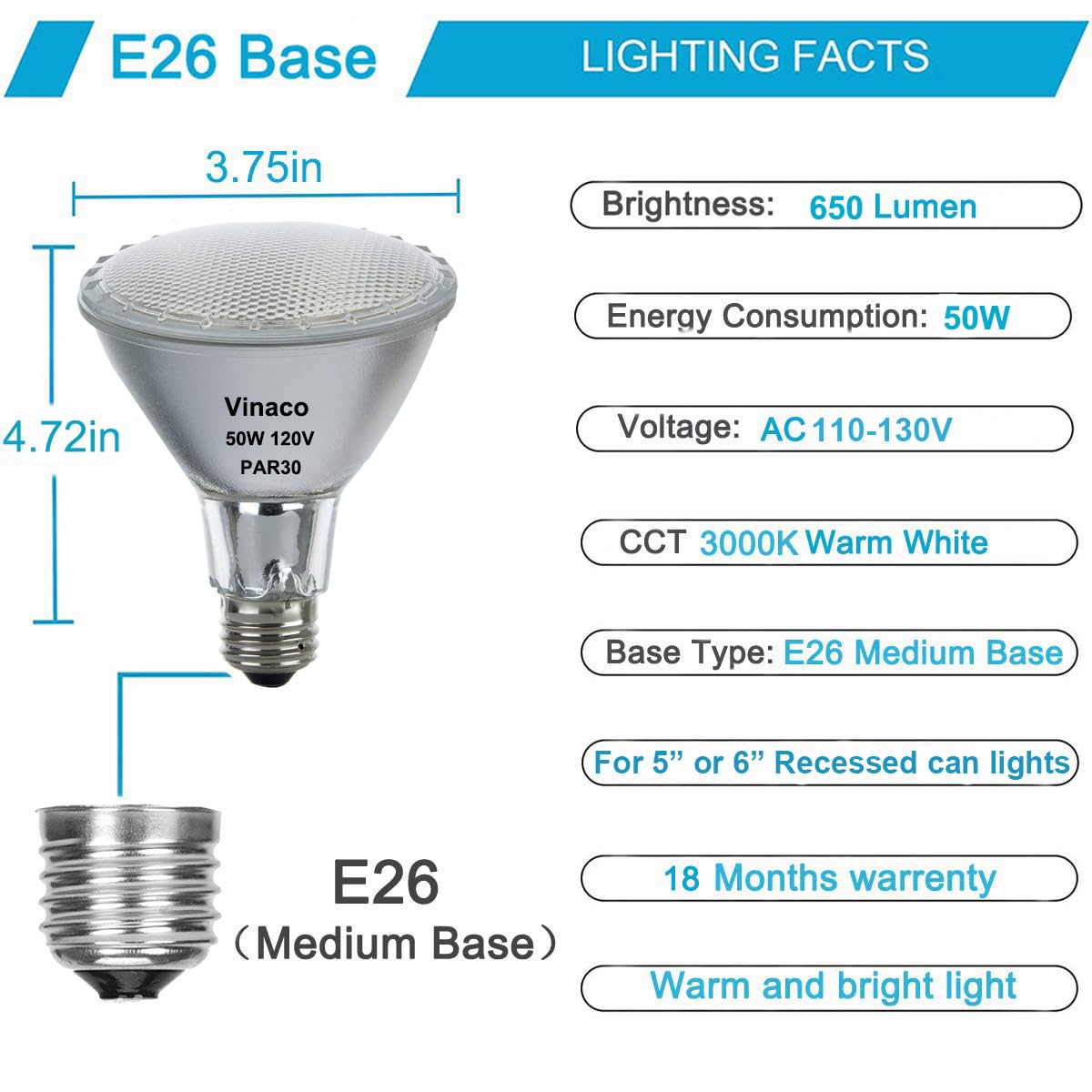 Vinaco PAR30 Flood 50W with E26 base for easy replacement