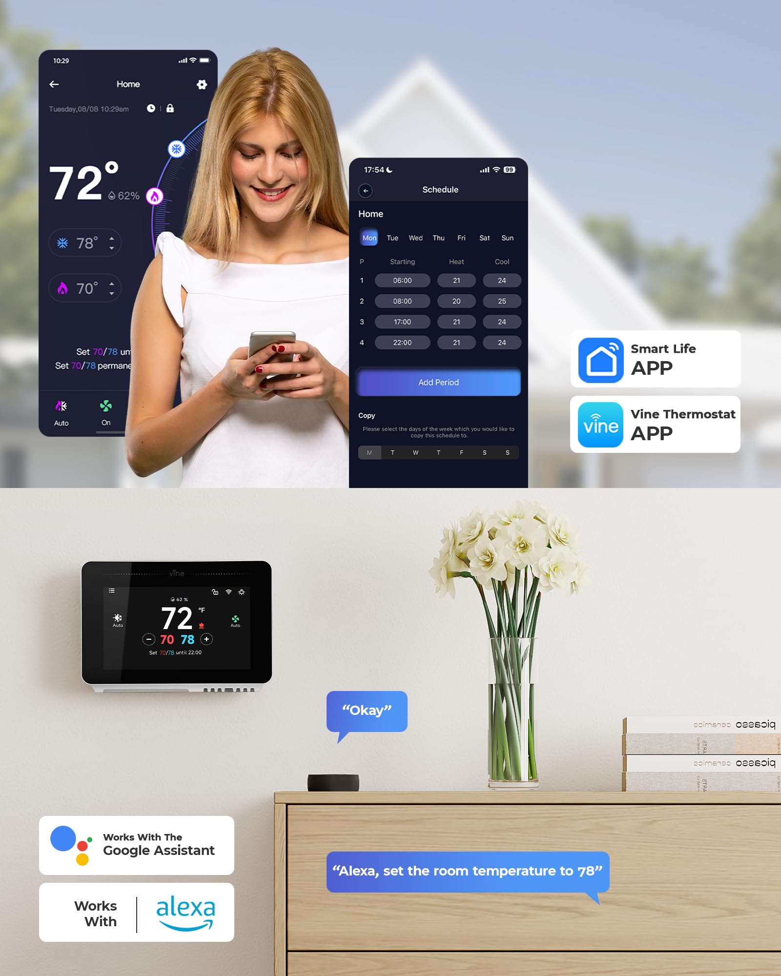 Vine Smart Thermostat 7-day 8-period schedule for flexible programming