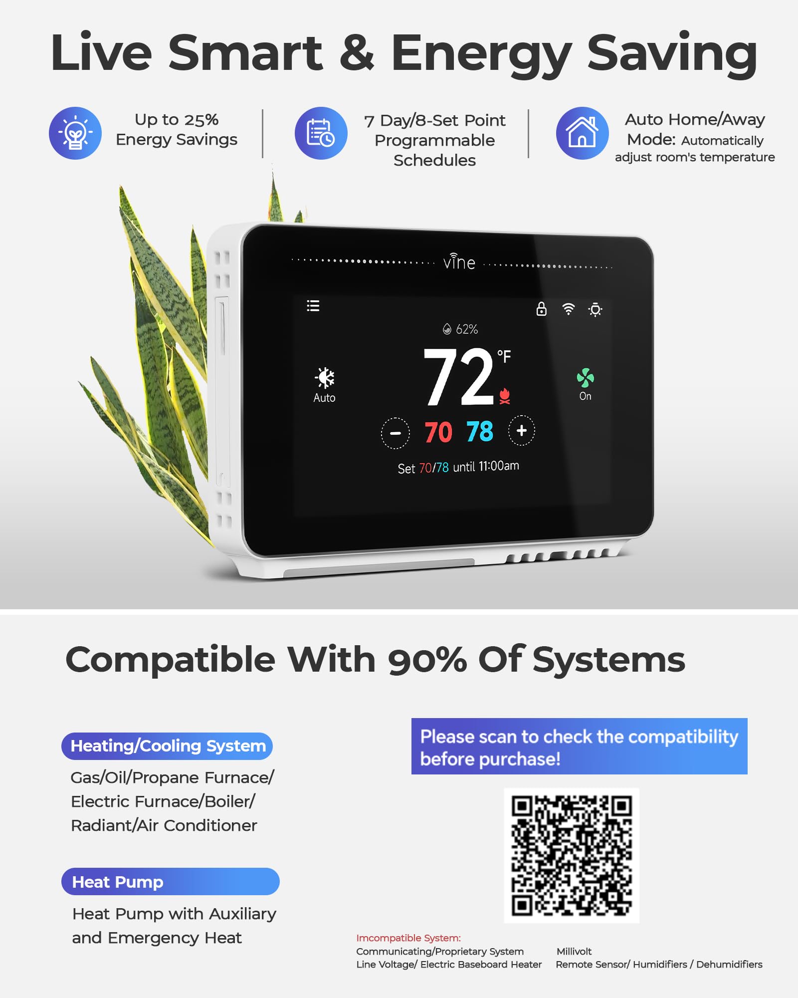 Vine Smart Thermostat night light guides nighttime adjustments