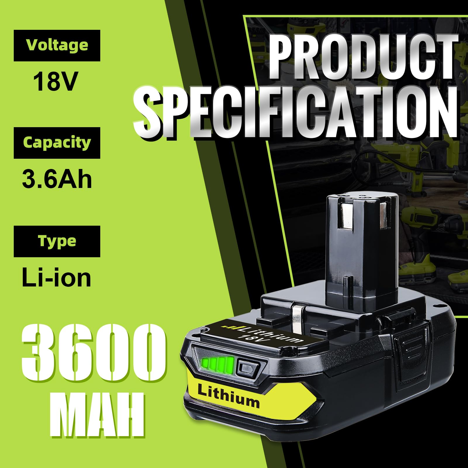 VINIDA 2P 3.6Ah 18V battery side view