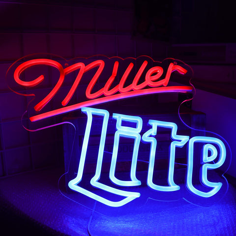 Vinray Miller neon sign mounted on wall with clear backplate for a modern home bar.