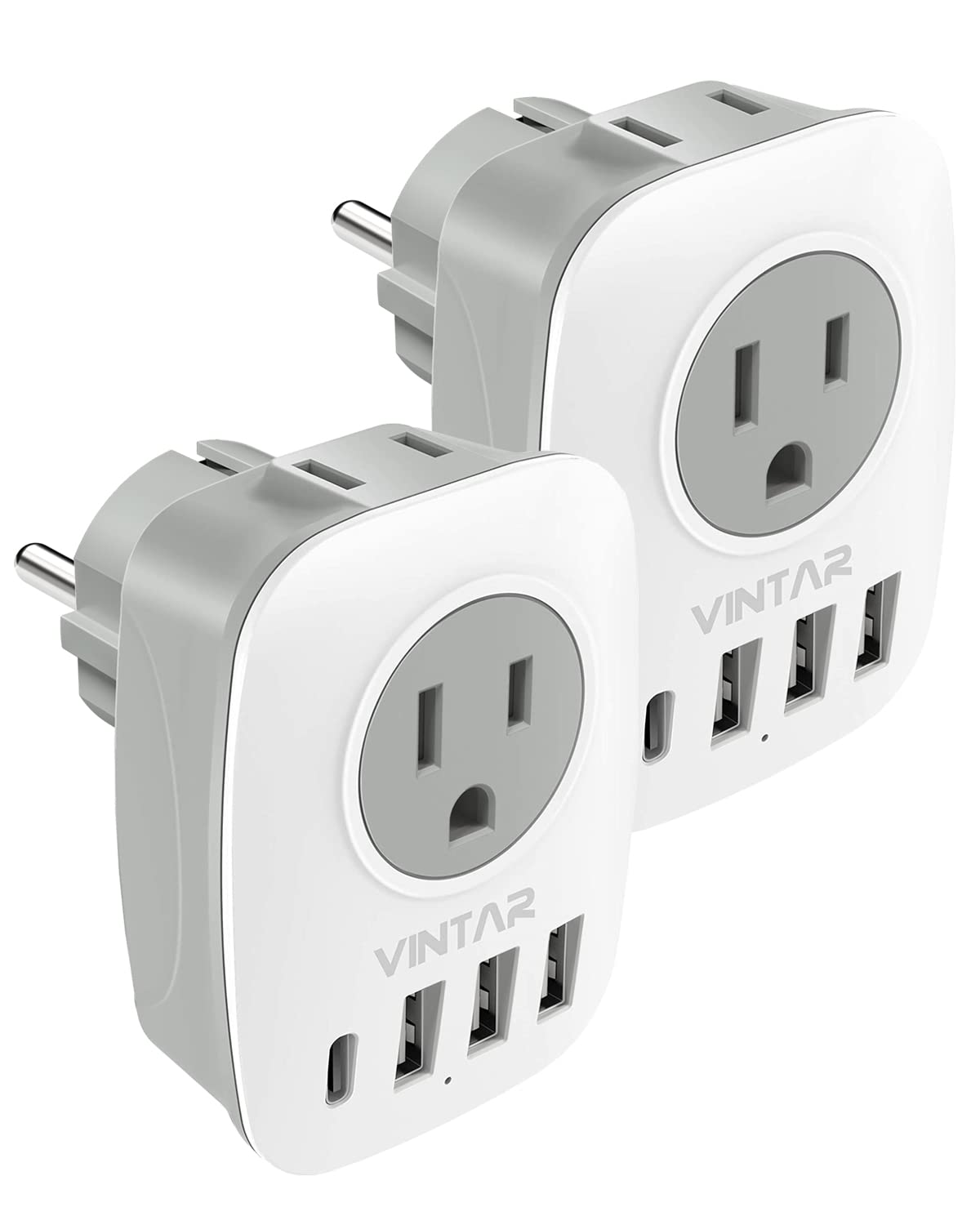 VINTAR 2-pack Type E/F plug adapter with dual outlets for travel charging