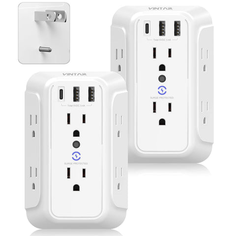 VINTAR 2-to-3 prong outlet adapter with six spaced outlets for non-grounded walls.