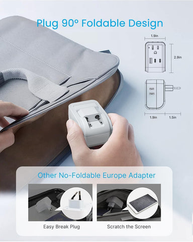VINTAR four-outlet travel adapter in use powering multiple devices.