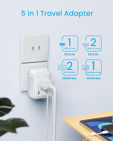 VINTAR adapter with 90-degree foldable prongs fitted into a wall outlet