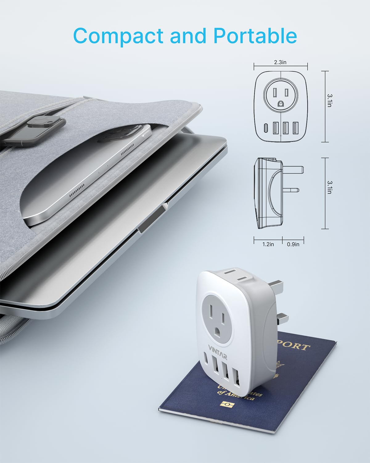 CE and FCC certified VINTAR 6-in-1 adapter for safe international travel use.