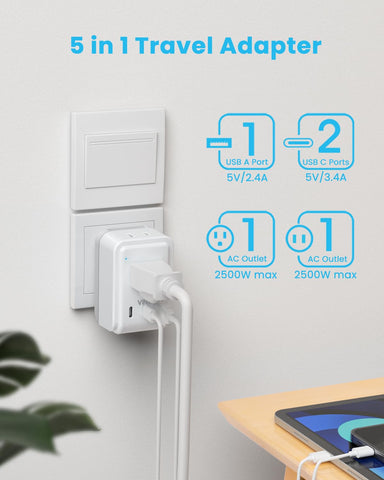 VINTAR compact travel adapter with LED indicator for quick power status checks.
