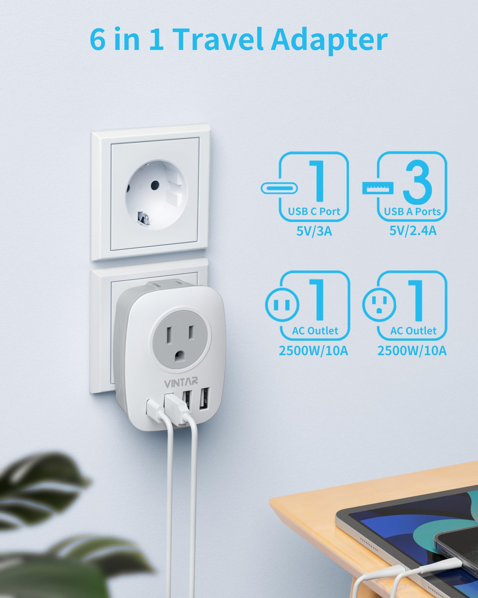 Compact VINTAR travel adapter size fits in palm and luggage