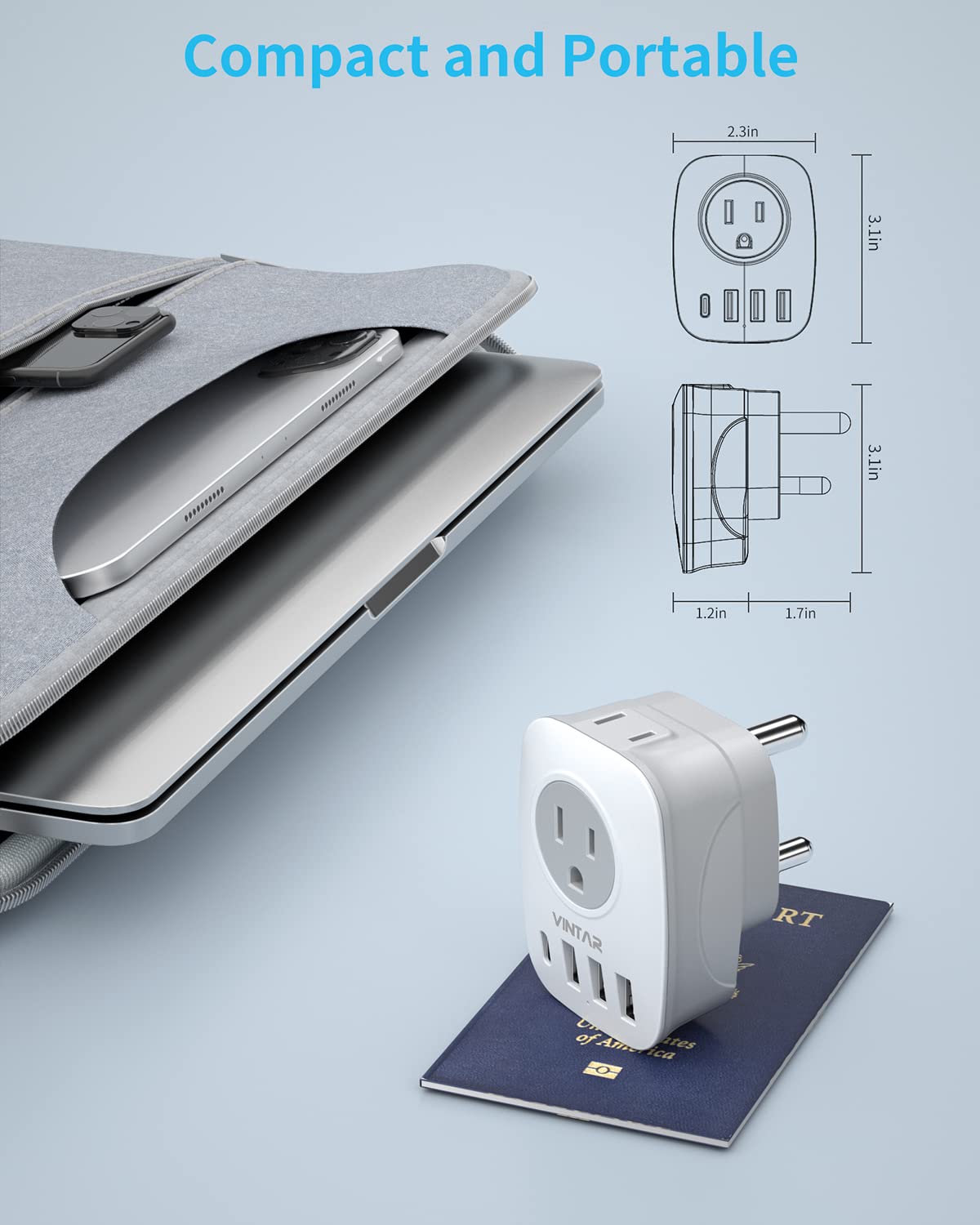 VINTAR compact travel adapter designed for light packing on trips