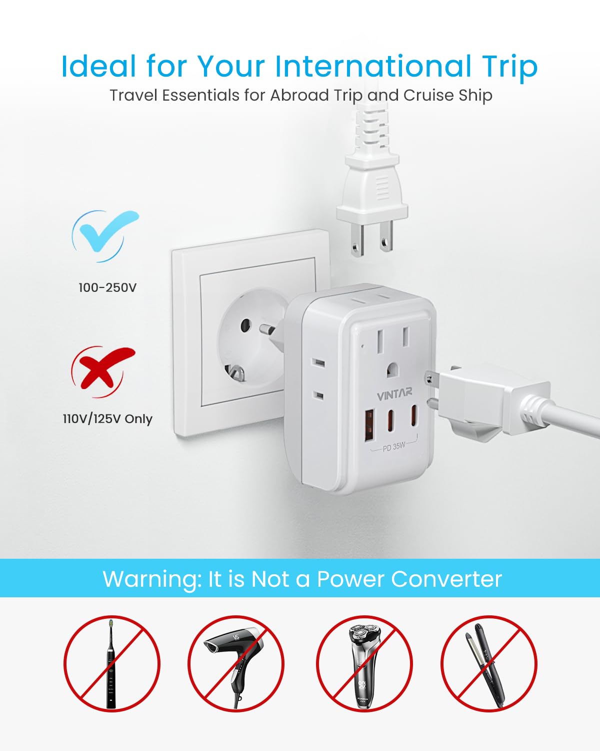 VINTAR compact travel charger pack ideal for EU trips and cruises.