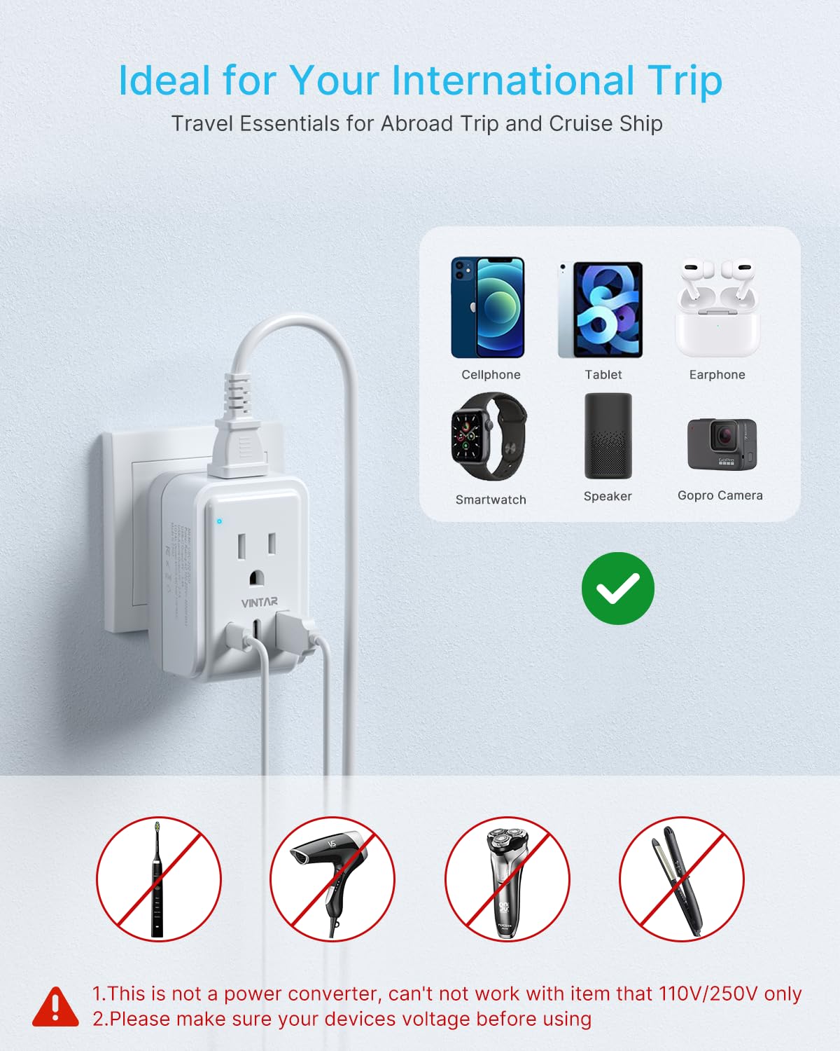 VINTAR cruise ship approved travel adapter ready for hotel rooms