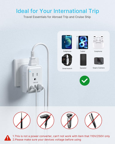 VINTAR cruise ship approved travel adapter ready for hotel rooms