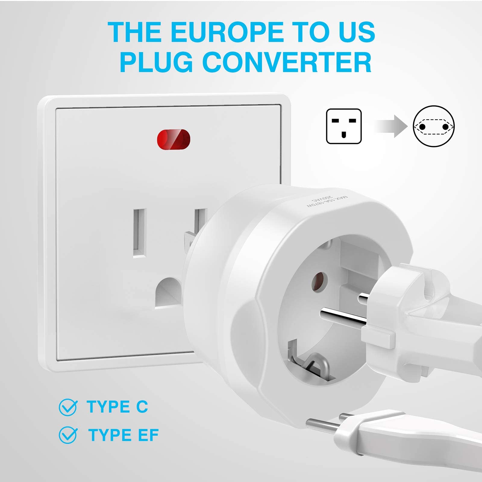 VINTAR EU to US adapter close-up shows compact portable design for trips