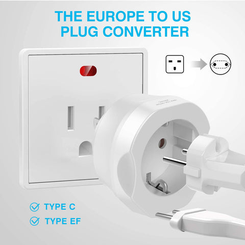VINTAR EU to US adapter close-up shows compact portable design for trips