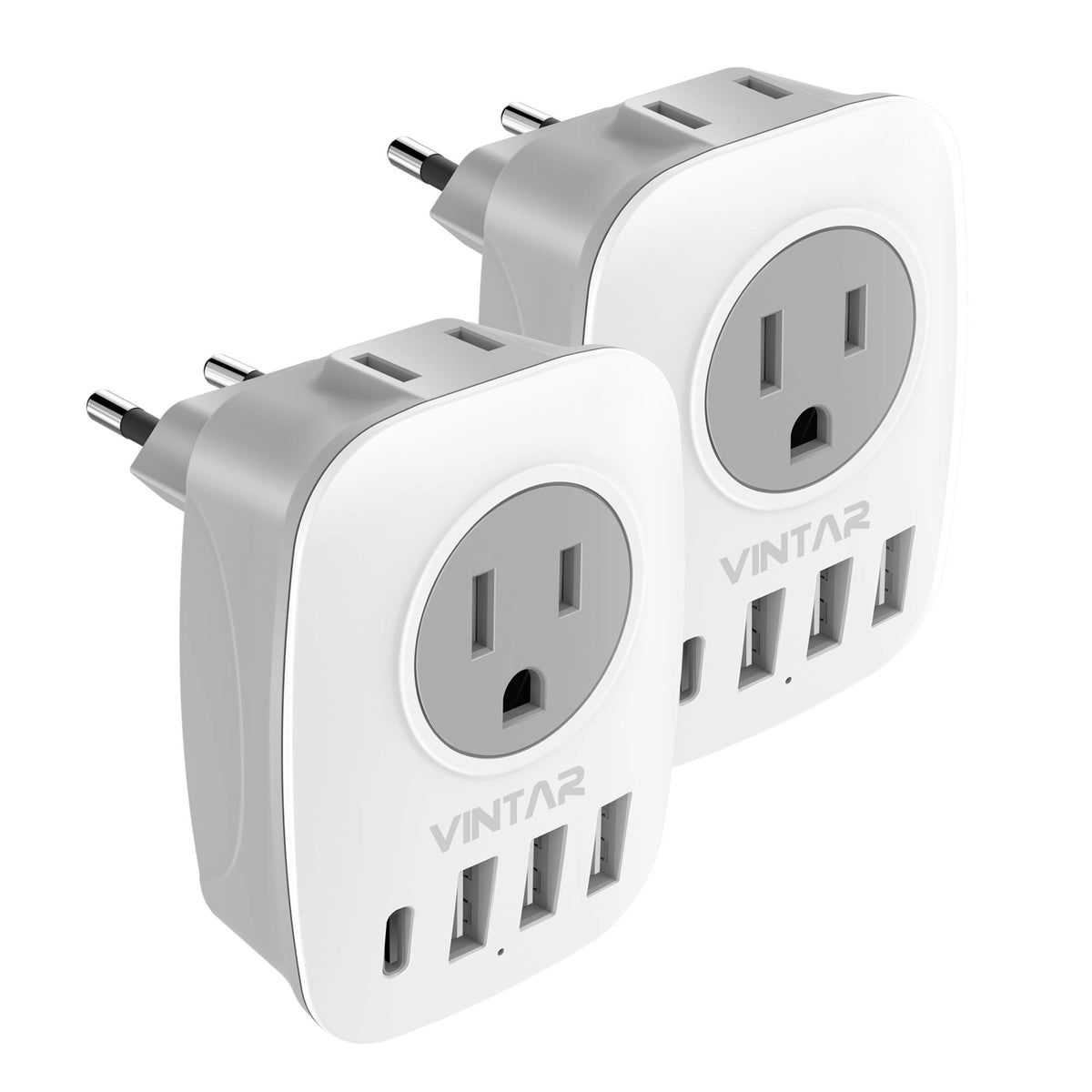 VINTAR 2-pack EU travel plug adapter compact front view for easy packing