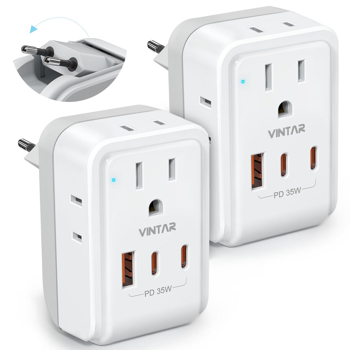 VINTAR Europe travel plug adapter with foldable design for compact carry-on use.