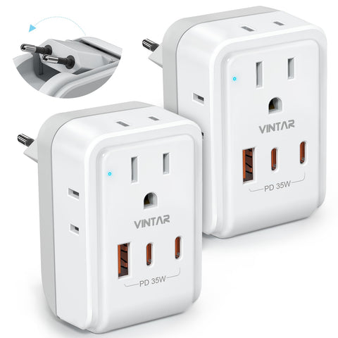 VINTAR Europe travel plug adapter with foldable design for compact carry-on use.