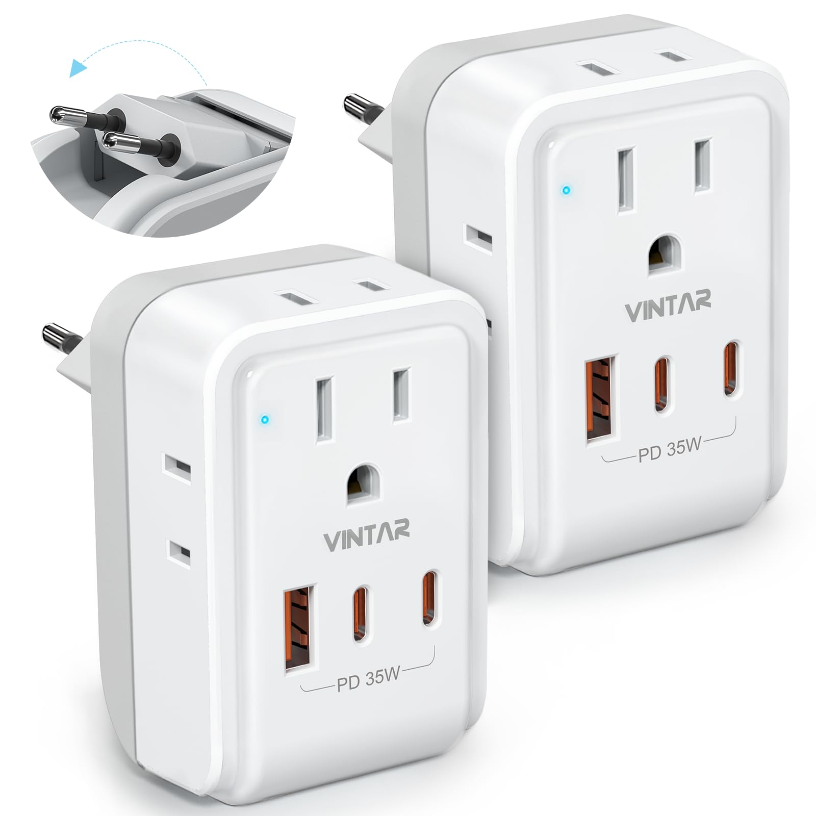 VINTAR foldable Europe travel plug showing compact design for easy packing.