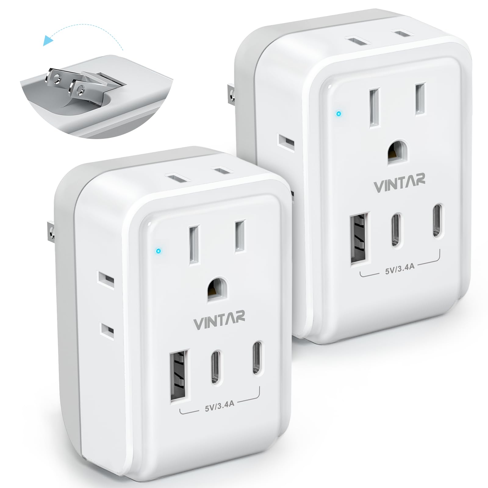 VINTAR foldable Japan power adapter with four outlets and three USB ports for travel.