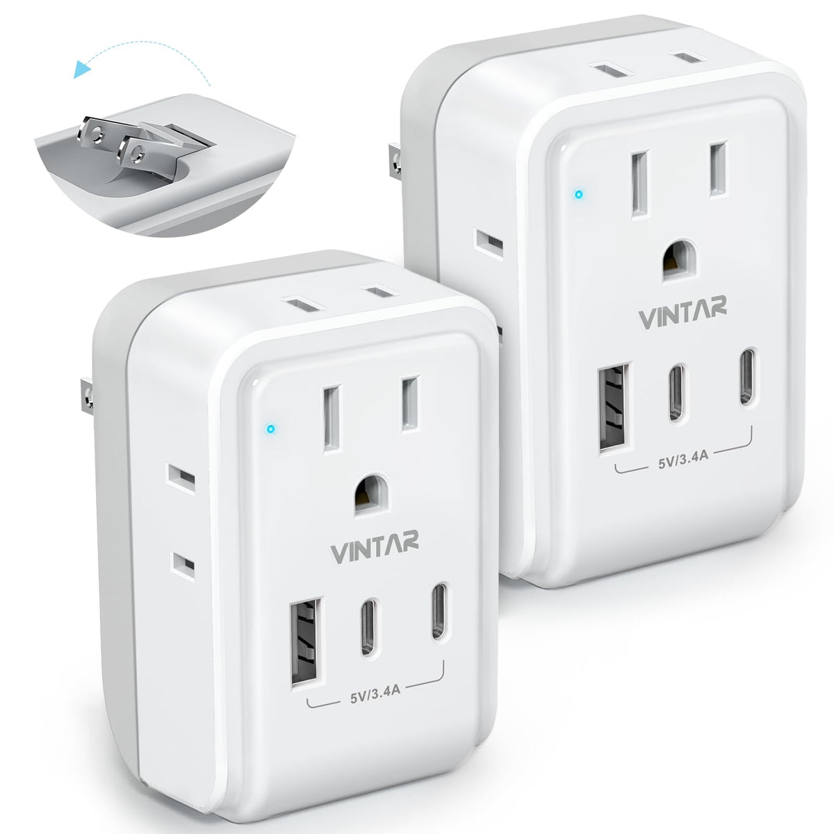 VINTAR foldable Japan power adapter with four outlets and three USB ports for travel.