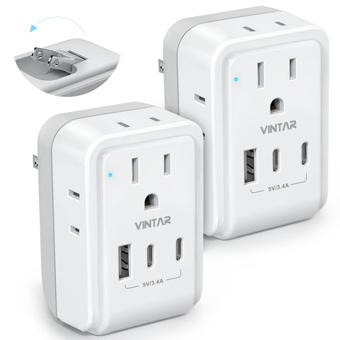 VINTAR foldable Japan power adapter with four outlets and three USB ports for travel.