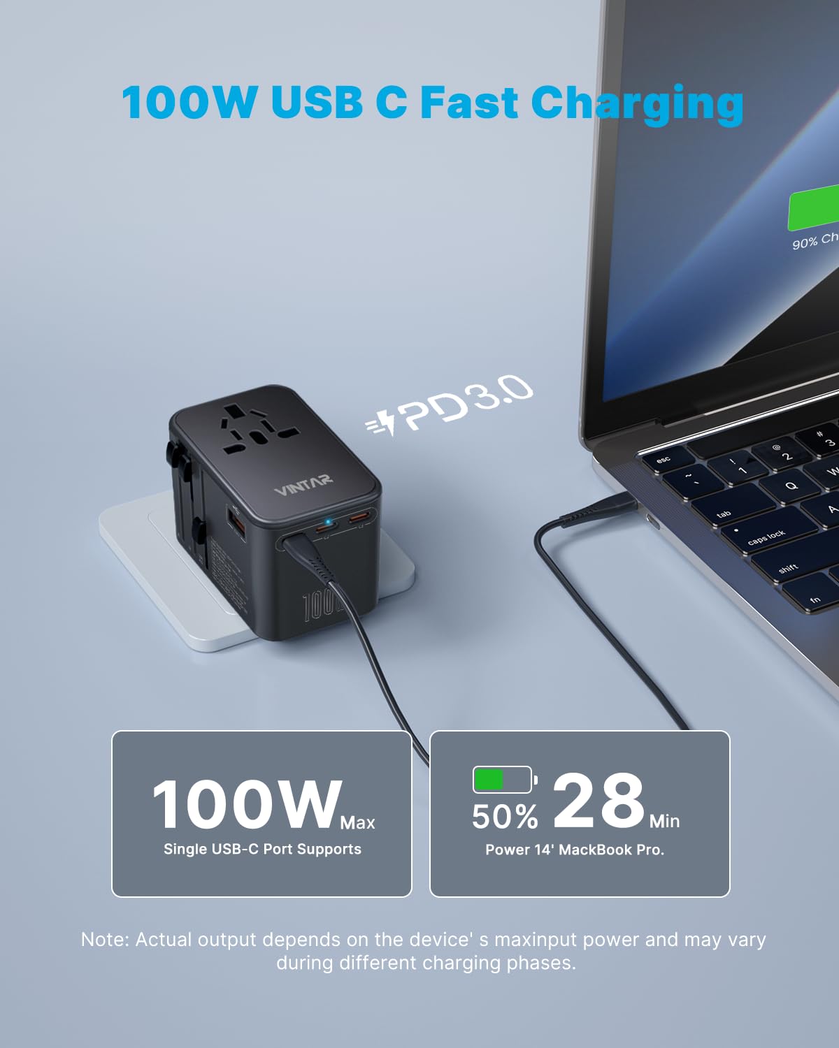 VINTAR GaN 100W USB-C port enables fast charging on the go.
