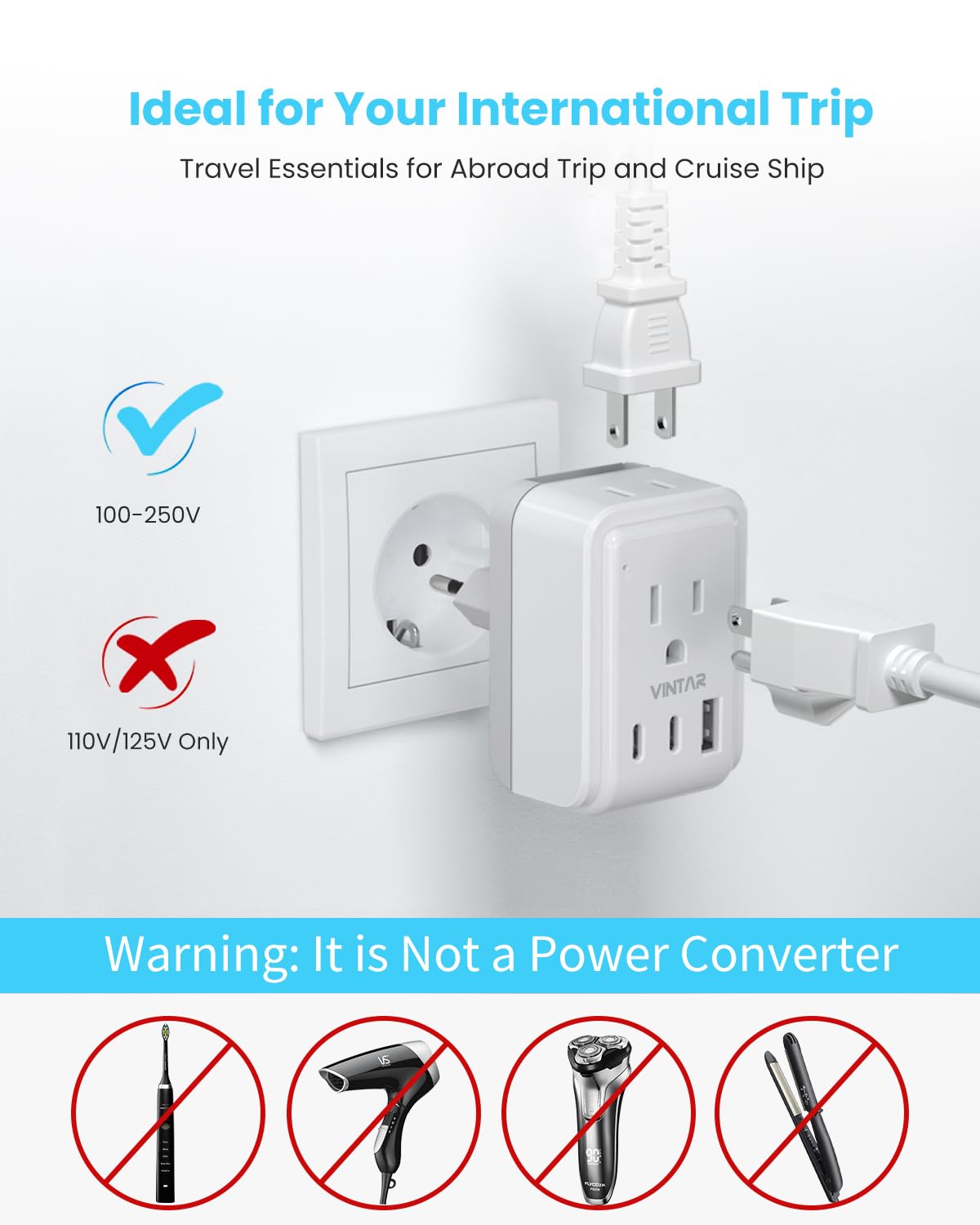 VINTAR adapter ready for international sockets and worldwide use.