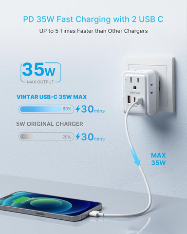 VINTAR PD35W Type-C fast charging supports multiple devices on the go.