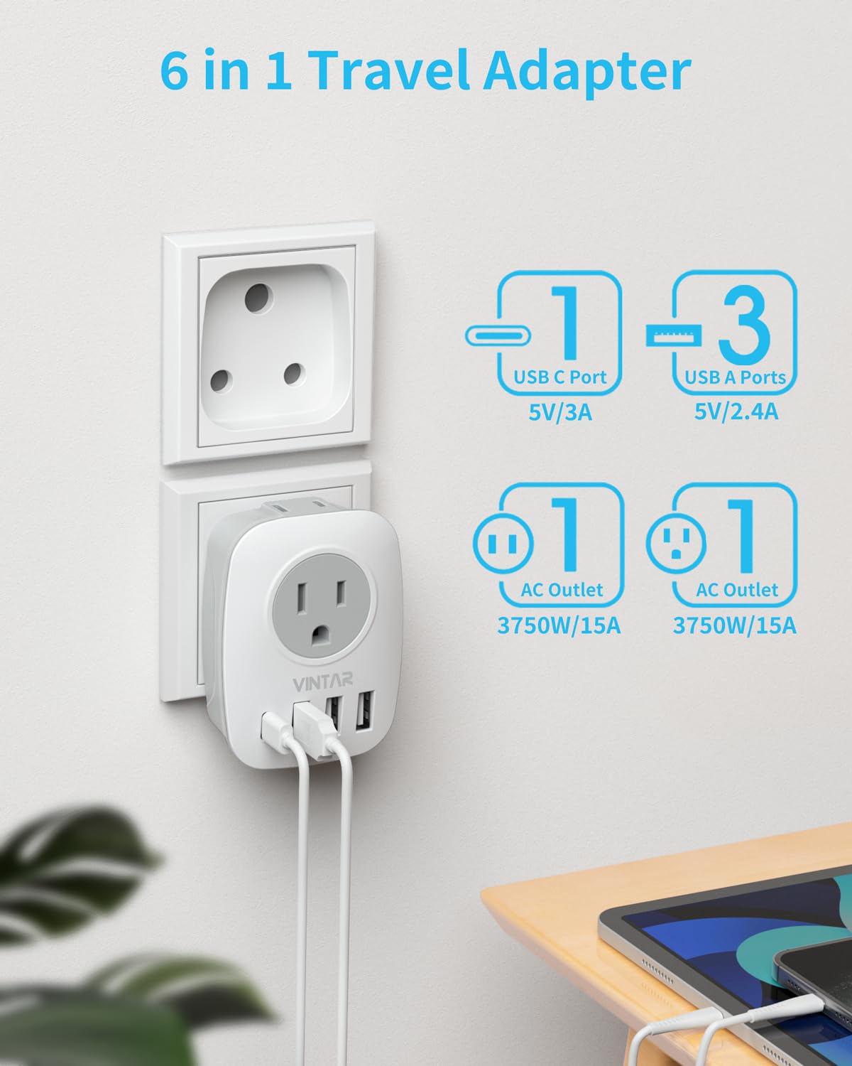 VINTAR South Africa adapter highlighting three USB ports for simultaneous charging
