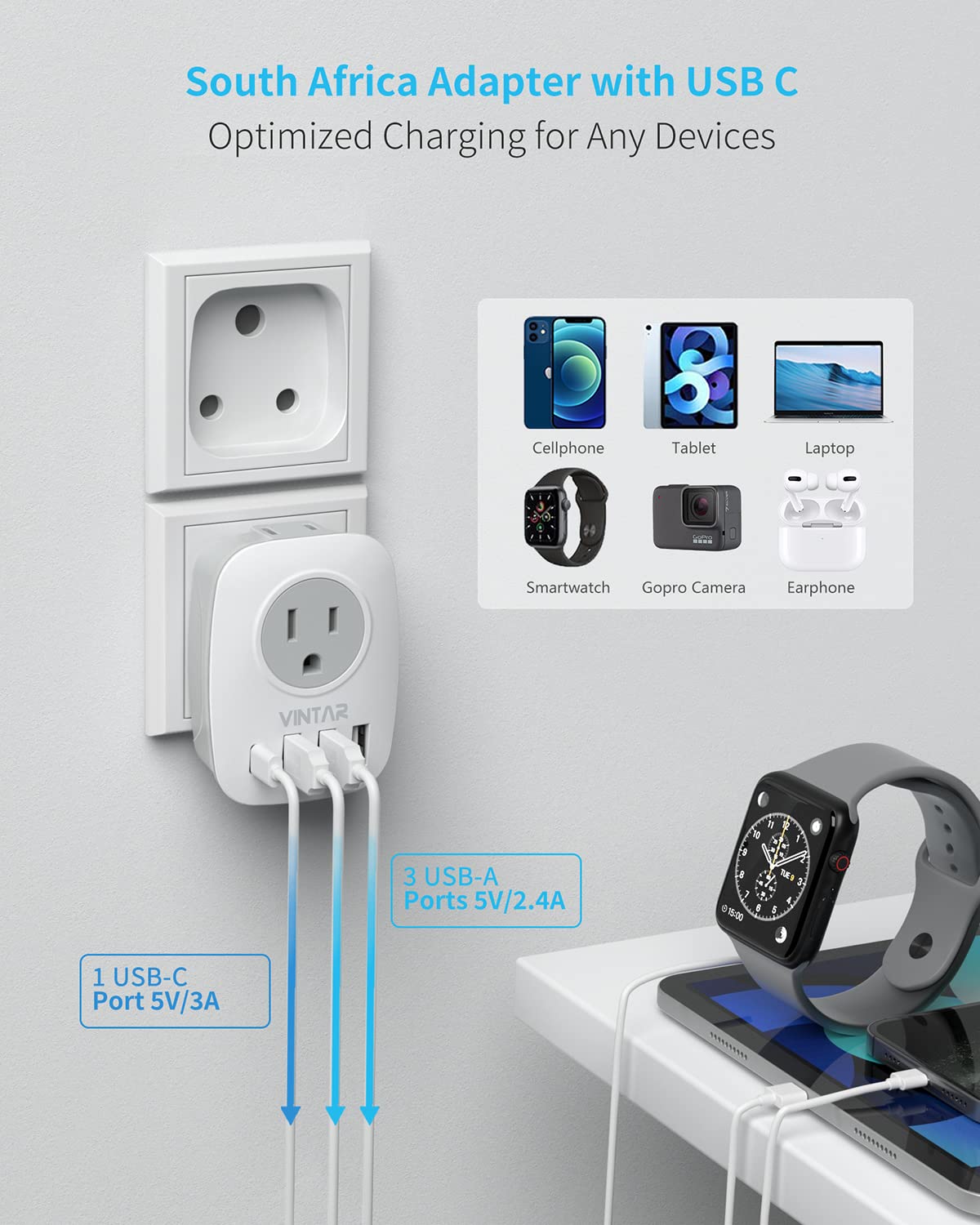 VINTAR adapter with USB-C port for fast mobile charging