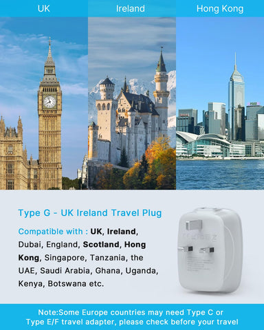 VINTAR Type G plug adapter with two outlets for UK and Ireland sockets.