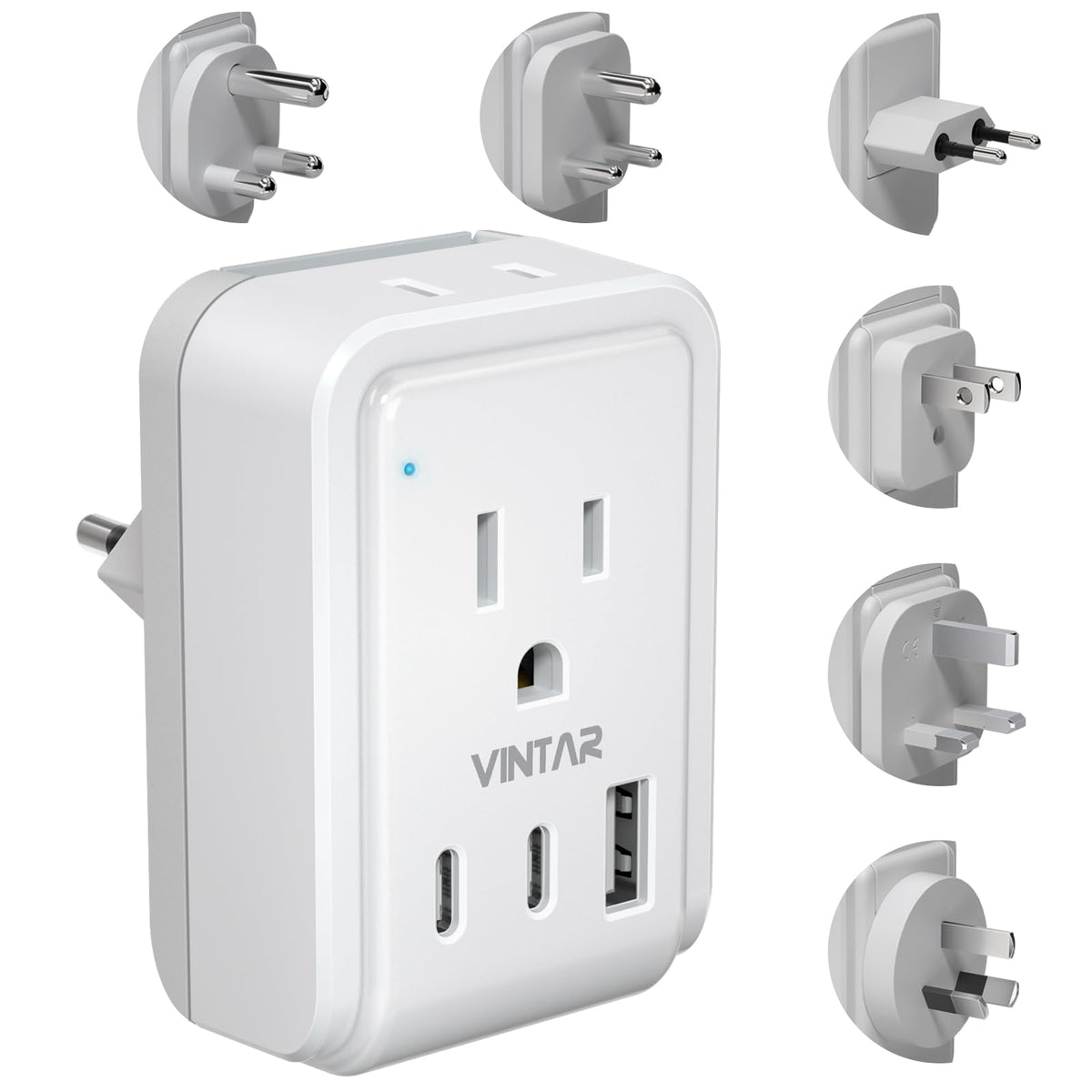 VINTAR universal travel adapter with six plug types for global compatibility.