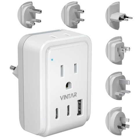 VINTAR universal travel adapter with six plug types for global compatibility.