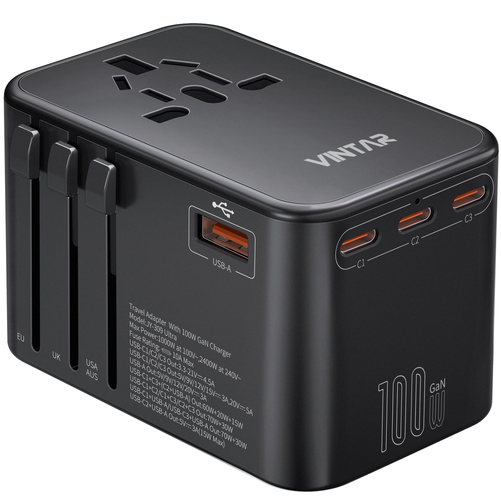 VINTAR universal travel adapter compact design for easy packing.