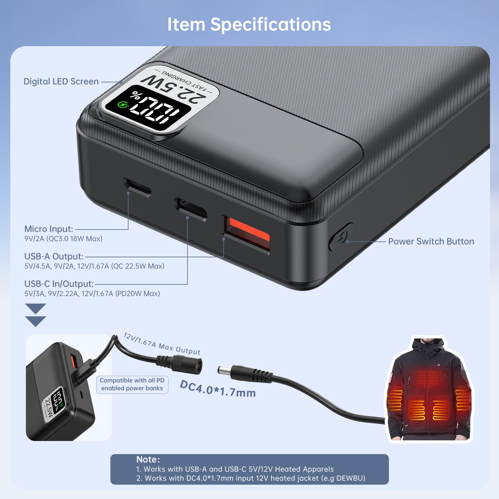 VINTELEIN DC12V trigger cable connects to a heated apparel