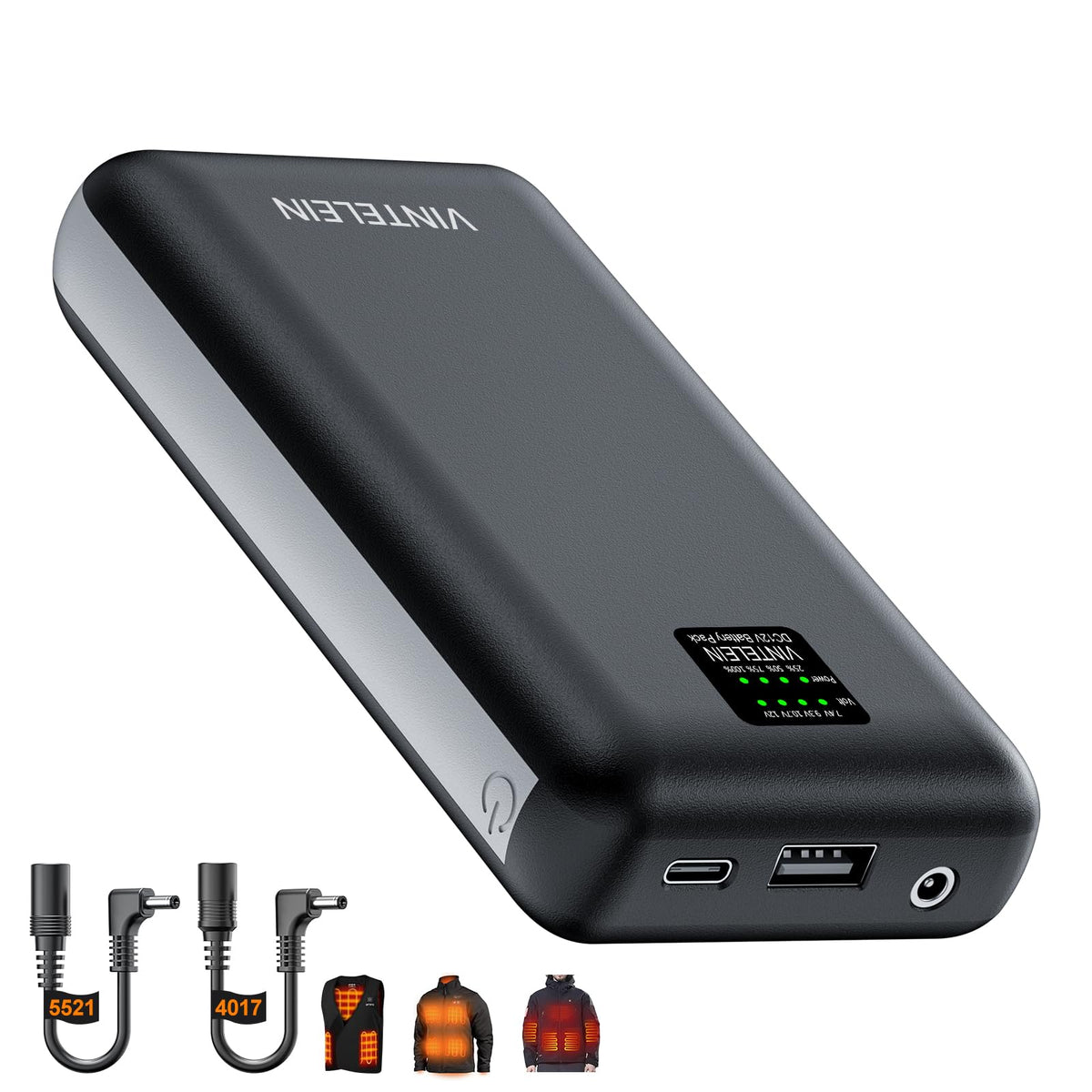 VINTELEIN DC74V/12V battery pack shown in a slim profile under a jacket for discreet warmth.