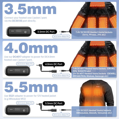 VINTELEIN universal-compatibility connects 7.4V and 12V heated gear for versatile use.