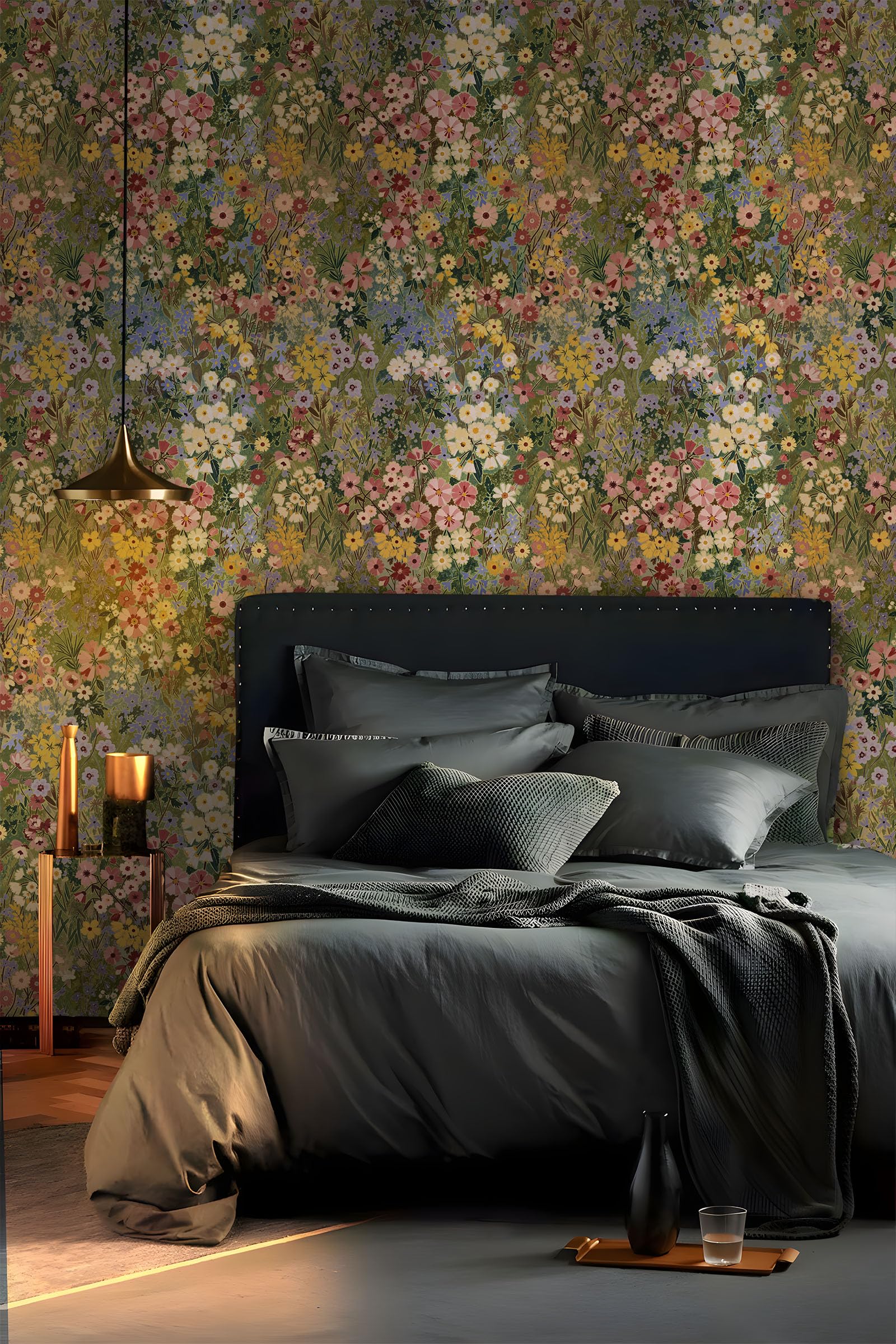 Vintique green floral wallpaper complements retro decor schemes.