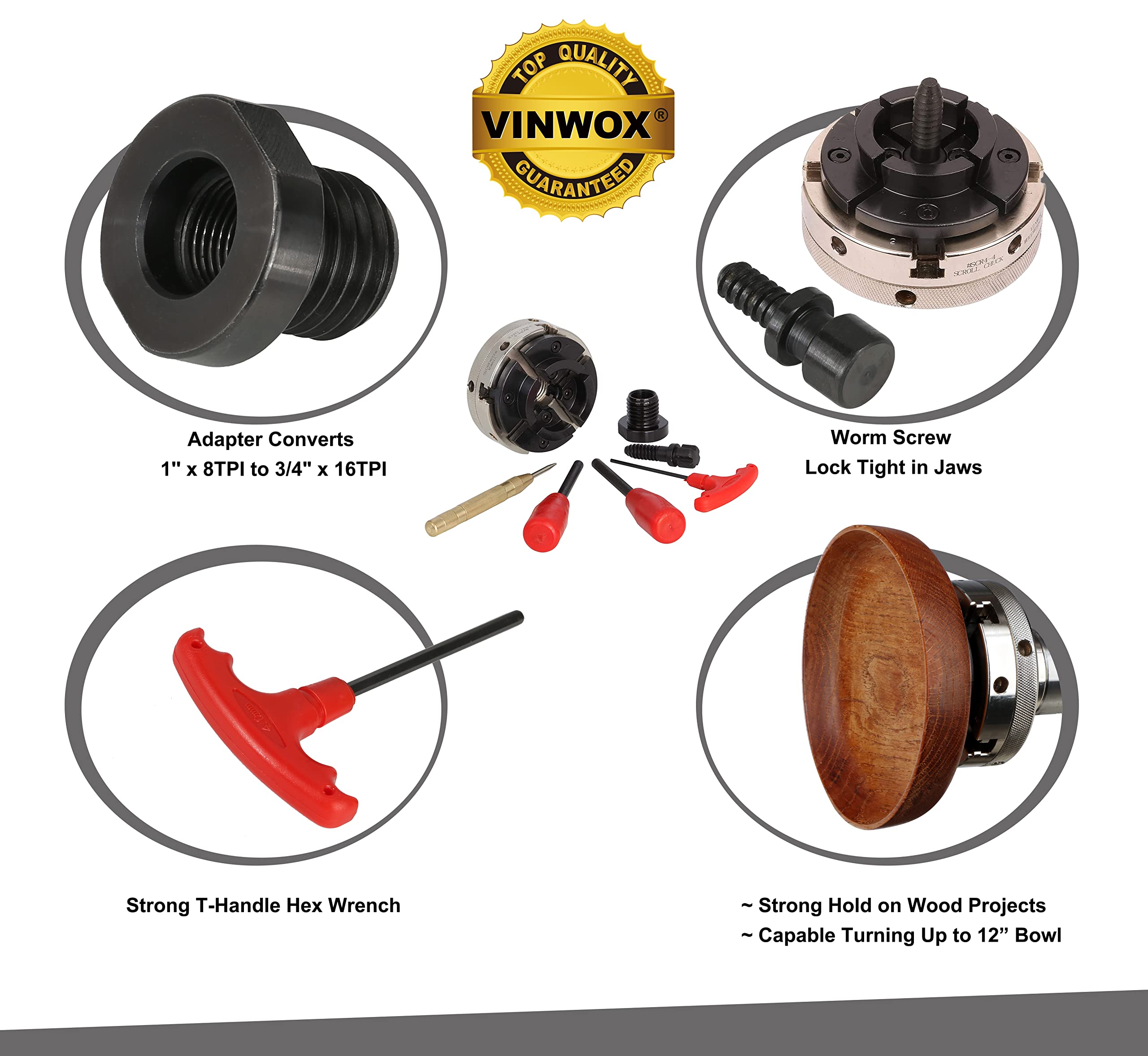 VINWOX 2-inch dovetail jaws mounted for bowls and cups.